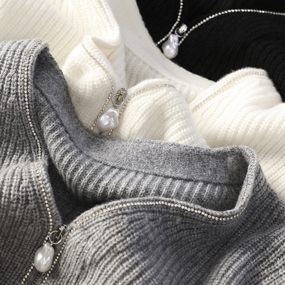 羊绒羊毛拉链V领针织开衫毛衣女