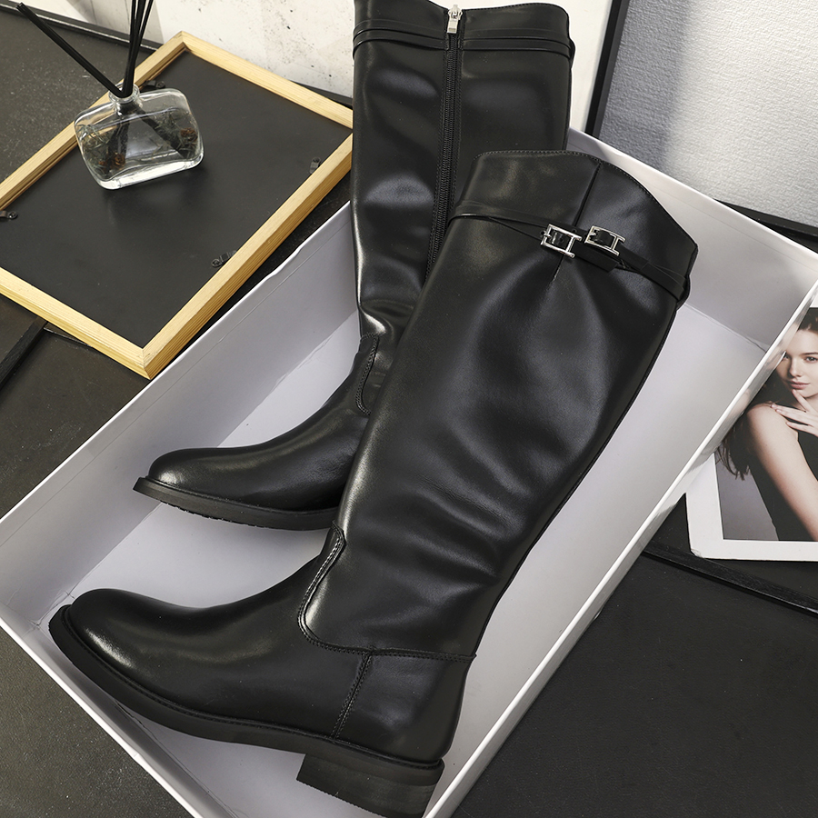 骑士靴女不过膝黑色长高筒长筒靴