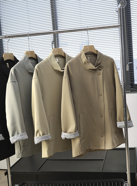 华子家 英伦风廓形宽松休闲立领中长款卡其色风衣外套女秋季44877