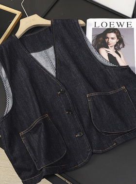 华子家 深蓝色叠穿牛仔马甲女2026春季新款无袖坎肩背心外套45962