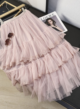 华子家 蕾丝边多层拼接网纱半身裙女2026春季新款蓬蓬蛋糕裙46155