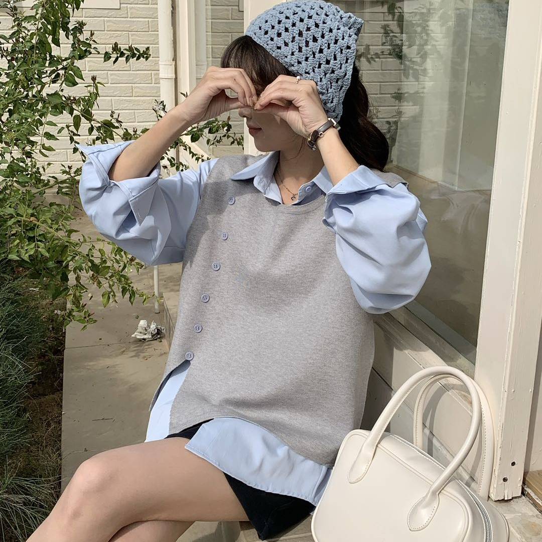 翻领长袖衬衫针织背心马甲两件套