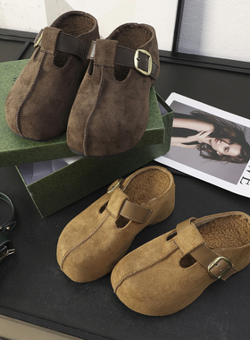 华子家 厚底增高加厚加绒勃肯鞋一脚蹬懒人包头穆勒半拖鞋女44806