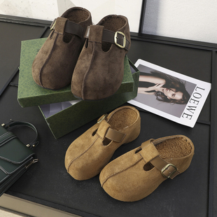 华子家 厚底增高加厚加绒勃肯鞋一脚蹬懒人包头穆勒半拖鞋女44806