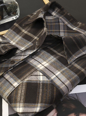 华子家 复古格纹衬衫女2026春季新款落肩袖叠穿外搭通勤衬衣45957