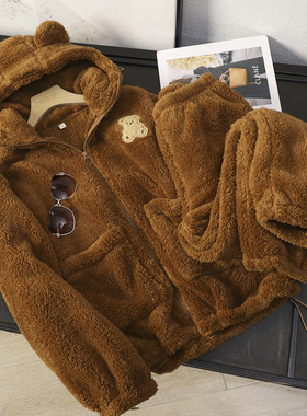 华子家 男女同款小熊连帽珊瑚绒睡衣加绒加厚保暖居家服套装45082