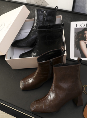 华子家 法式方头粗跟瘦瘦靴女秋冬美拉德咖色加绒中跟及踝靴45148