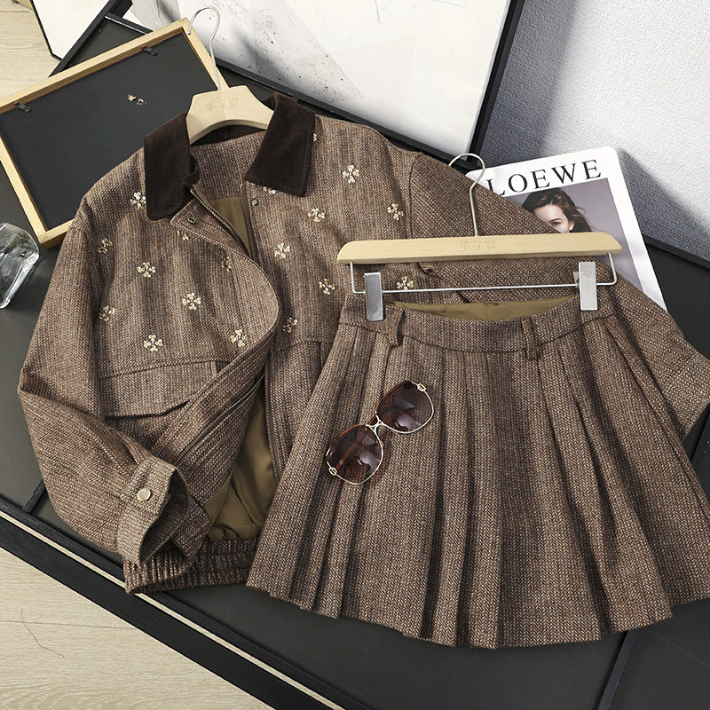 华子家 miu系学院风休闲夹克外套百褶半身裙短裙两件套装女45831,女装/女士精品,时尚套装,淘宝优惠券,粉丝福利购,淘宝优惠卷