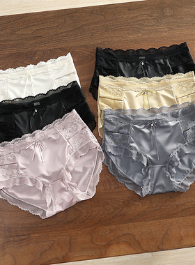 华子家 法式缎面蕾丝内裤女性感镂空网纱中腰棉档包臀三角裤39191