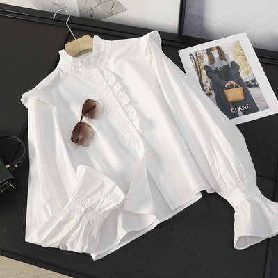 木耳荷叶花边立领白色衬衫女秋季