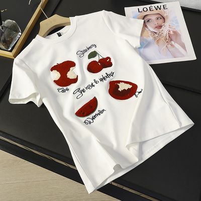 立体毛巾水果刺绣圆领短袖T恤女