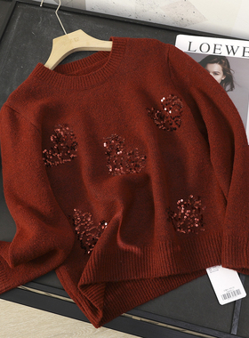 华子家 重工爱心亮片圆领套头针织衫宽松显瘦红色毛衣女秋冬45115