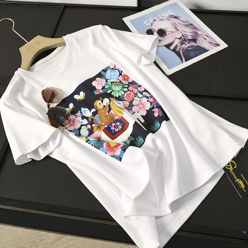 华子家 马上封侯印花匹马棉针织圆领短袖t恤女2025春季新款45851