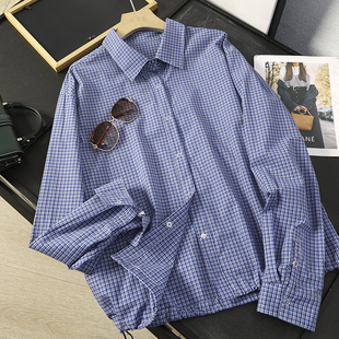 华子家 复古蓝格子衬衫女2026春季新款下摆抽绳宽松长袖衬衣45815