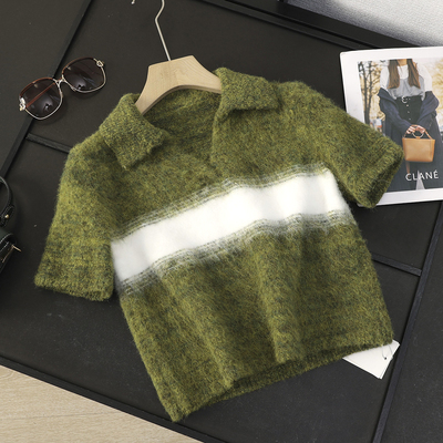 马海毛混纺polo领短袖针织衫毛衣