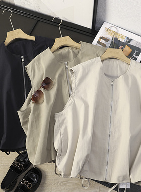 华子家 日系休闲百搭花苞廓形宽松圆领无袖马甲短外套女秋季44413