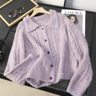 华子家 毛衣外套女秋冬45236 复古麻花仿貂毛翻领宽松加厚针织开衫