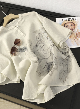 华子家 松弛感复古水墨印花宽松苎麻短袖衬衫国风衬衣上衣女43994