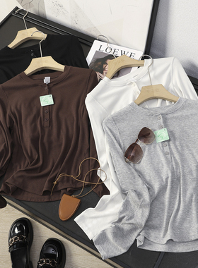 华子家 美式亨利领长袖T恤女25秋季新款运动休闲内搭打底衫44641