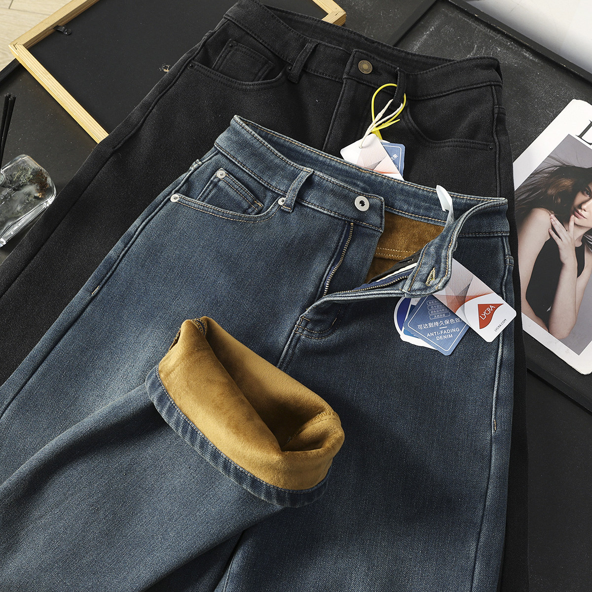 华子家 弯刀牛仔裤女秋冬季加绒加厚高腰宽松窄版直筒阔腿裤45747,女装/女士精品,牛仔裤,淘宝优惠券,粉丝福利购,淘宝优惠卷