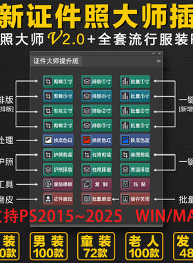 PS证件照插件素材一寸裁剪一键排版磨皮换装服饰换背景底色WINMAC