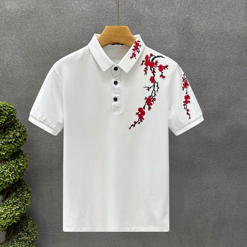 高端红梅花刺绣短袖Polo衫男图片