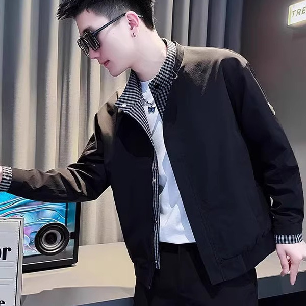 2025新款网红痞帅设计感假两件拼接夹克男士春秋百搭修身潮流外套