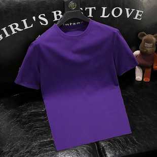 纯棉紫色T恤男经典百搭短袖休闲打底男士上衣高克重磅t恤圆领纯色