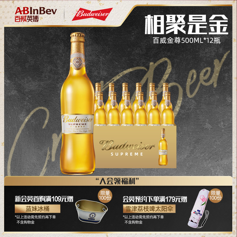 百威金尊啤酒500ml*12瓶装精酿啤酒9.5&deg;P整箱高档官方旗舰店英博