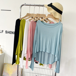 T恤夏薄款 宽松短款 柔软运动瑜伽跳舞服 长袖 莫代尔前短后长蝙蝠袖