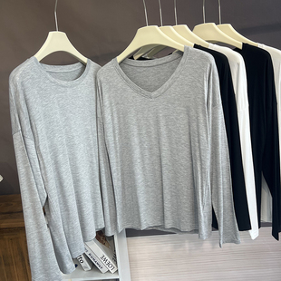 莫代尔圆领V领长袖 气质洋气内搭宽松百搭打底上衣潮 T恤女春夏新款