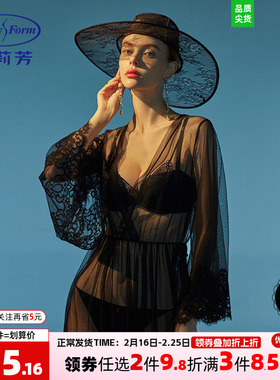 安莉芳专柜新品薄款蕾丝边睡袍女系带性感网纱长袖家居服EL00454