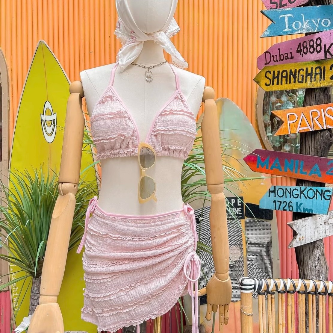 批发韩国Ins风性感可爱甜美少女蕾丝花边比基尼三件套分体泳衣女