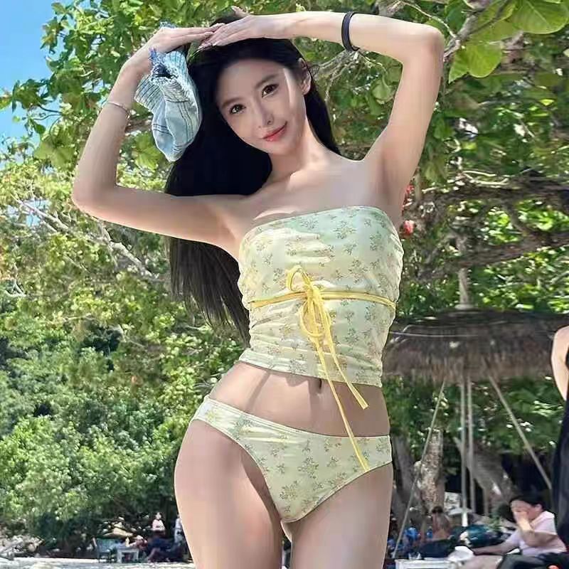 批发辣妹黄色碎花泳装分体抹胸聚拢显白显瘦比基尼温泉度假泳衣女