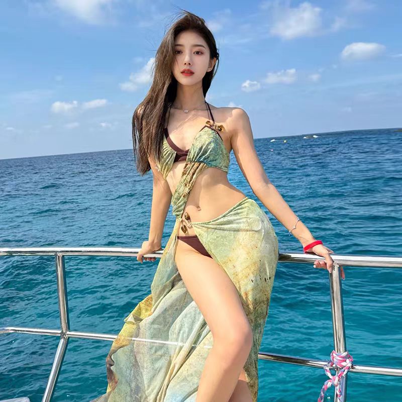批发泳衣女款泡温泉约会海岛深V复古修身成人比基尼性感纯欲绝美