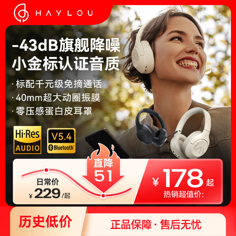 HAYLOU S30头戴式耳机主动降噪运动学习蓝牙5.4电竞游戏带麦耳机