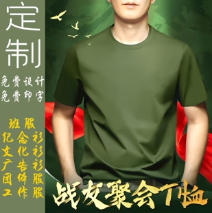 军绿色t恤刺绣纯棉班服定制logo拓展文化衫工作服聚会短袖印字夏
