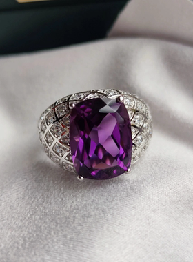 天然紫晶925银镶嵌戒指欧美重工豪华时尚彩宝粗肥手大码闭口指环