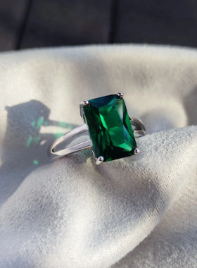 祖母绿水晶绿尖晶彩宝开口戒指活口指环女银镀白金时尚潮