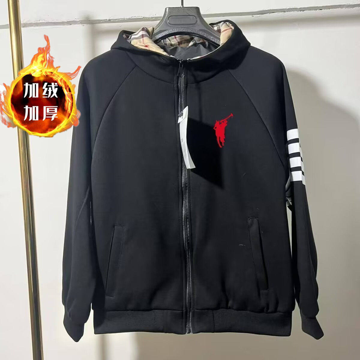 黑色开衫卫衣连帽加绒加厚男士衣服秋冬刺绣拉链外套格子潮流上衣