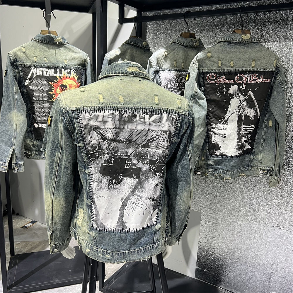 背杀美式贴布春秋牛仔轻奢外套潮流高街潮牌复古破洞水洗刺绣夹克
