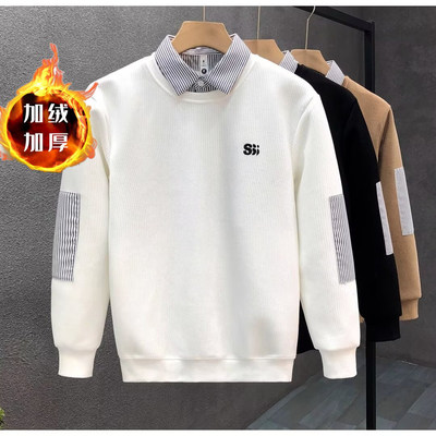 加绒卫衣男士2025秋冬新款假两件衬衫领打底刺绣翻领加厚长袖衣服