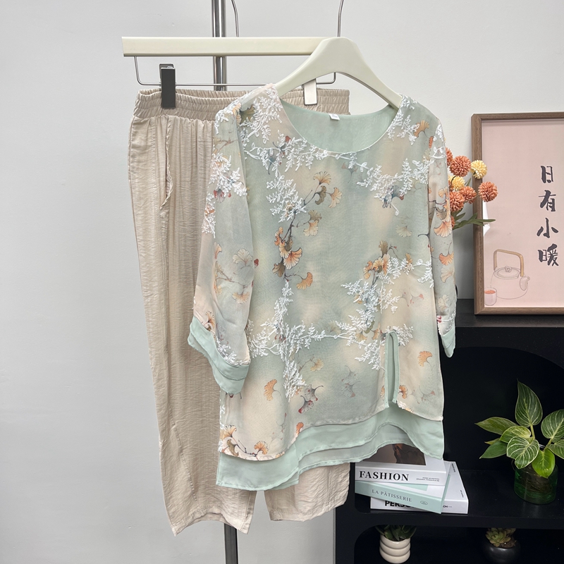 时尚妈妈装短袖T恤女夏高贵小衫套装洋气中老年雪纺衫上衣两件套