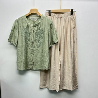 妈妈装夏款中式棉麻两件套宽松中老年人女奶奶绣花上衣阔腿裤套装