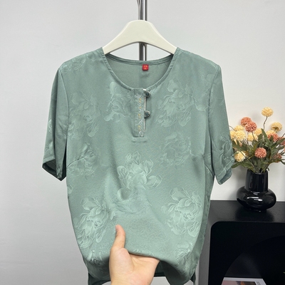 中老年妈妈装时尚短袖T恤老年人高贵小衫女夏仿真丝奶奶衣服上衣