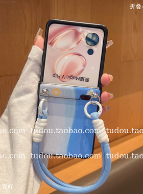 适用荣耀magicVFlip2手机壳全包蓝色小花皮质mixflip2折叠保护套purax手提挂绳zflip7铰链防摔OPPOfindn3新款