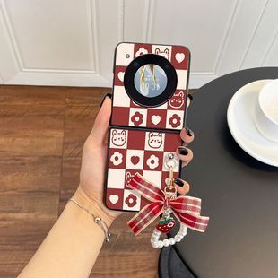 适用于努比亚Nubia Flip手机壳可爱卡通格子兔子皮质nubiaflip2折叠屏保护壳珍珠手提挂绳ins个性外壳女新款