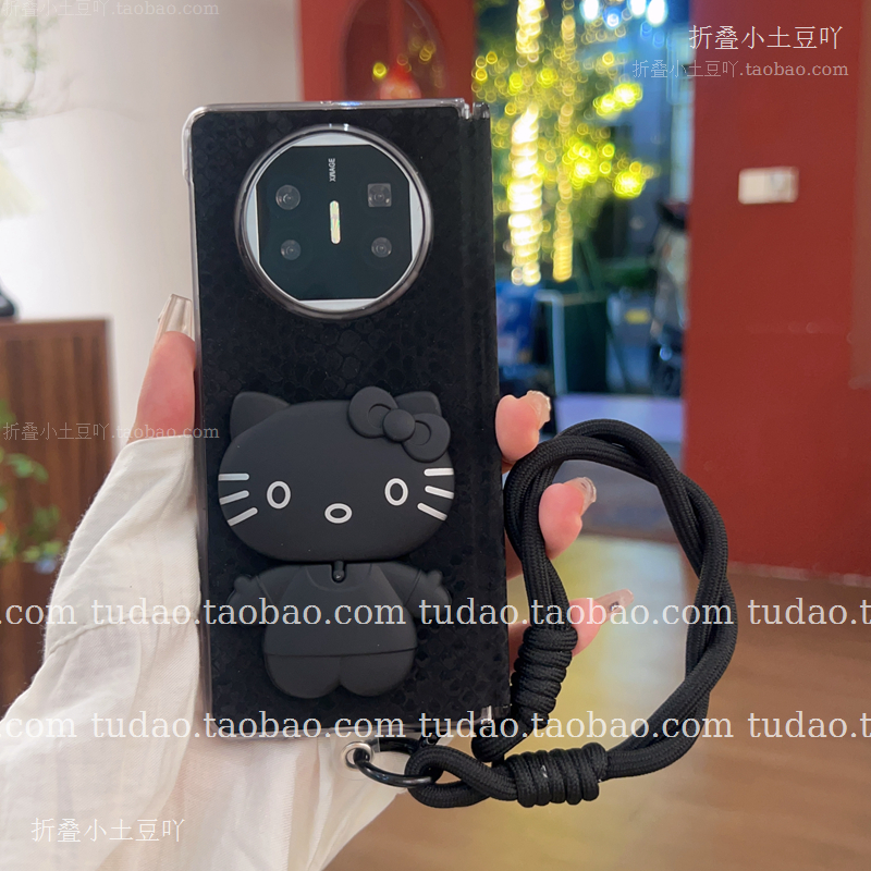 新品kt猫镜子旋转支架适用华为matex6手机壳中轴磁吸荣耀magiacvs3皮质X5典藏版三星zfold7外壳oppofindn5女