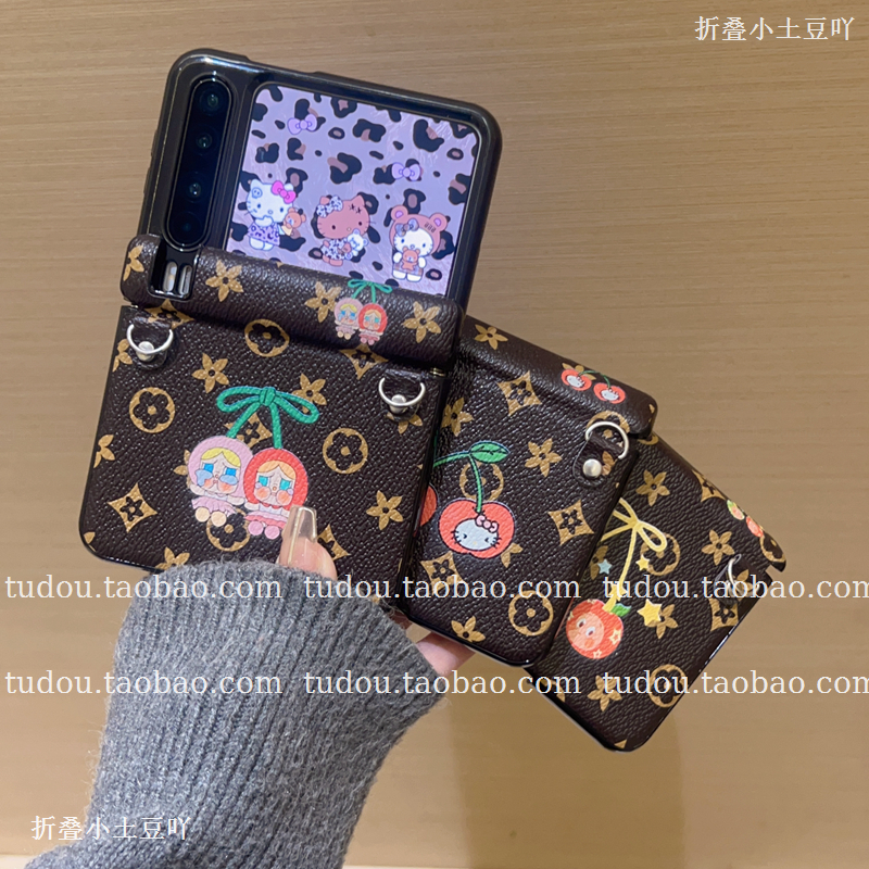 新品老花樱桃娃娃中轴磁吸适用华为purax手机壳全包皮质magicvflip2折叠保护套mix手提挂绳novaflips斜挎外壳