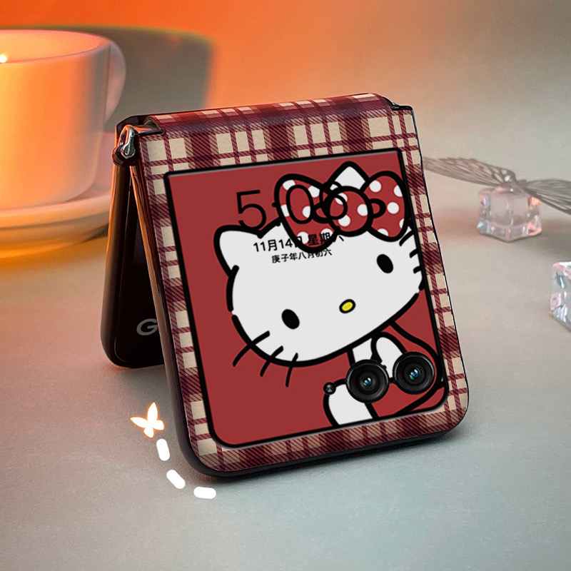 适用摩托罗拉razr60ultra手机壳皮质全包红格小猫小米mixflip2折叠屏保护手提挂绳purax中轴铰链防摔斜挎新款